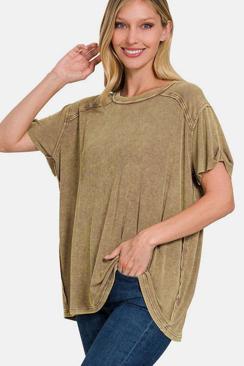 Zenana Washed Ribbed Short Sleeve Top - DaTrendStore.Com
