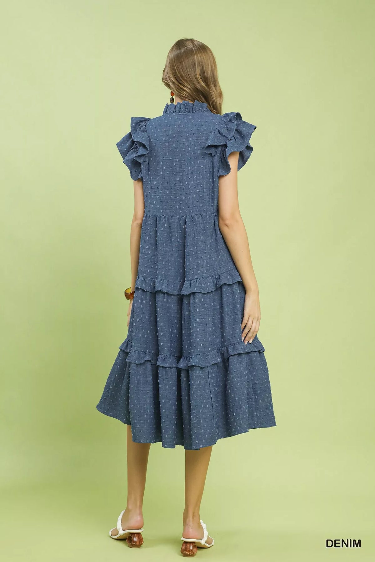 Umgee Textured Ruffle Sleeve Tiered Midi Dress - Denim