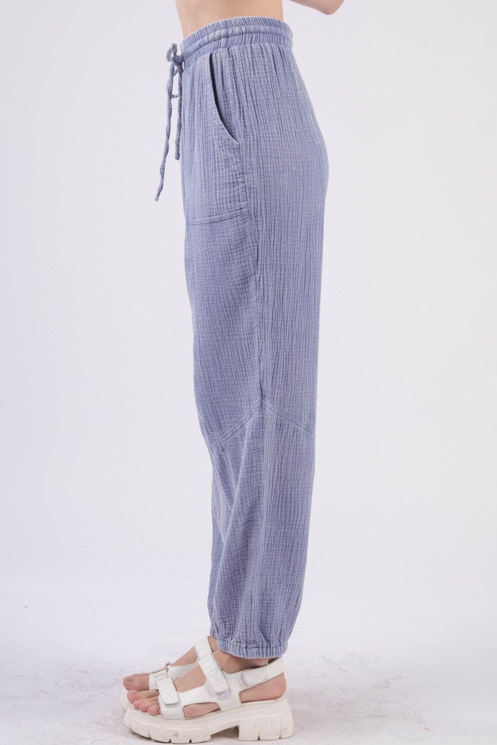 VERY J Washed Woven Crinkle Gauze Drawstring Cargo Pants - DaTrendStore.Com