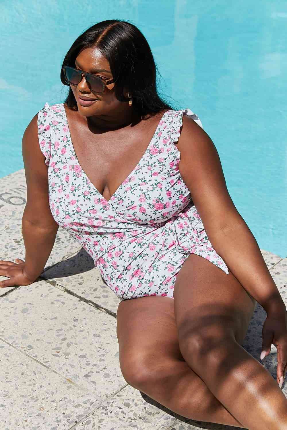 Marina West Swim Full Size Float On Ruffle Faux Wrap One-Piece in Roses Off-White - DaTrendStore.Com