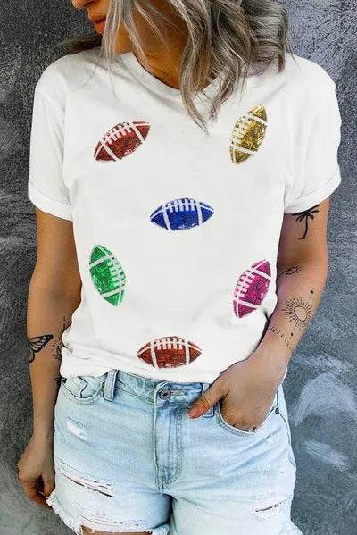 Sequin Football Round Neck Short Sleeve T-Shirt - DaTrendStore.Com