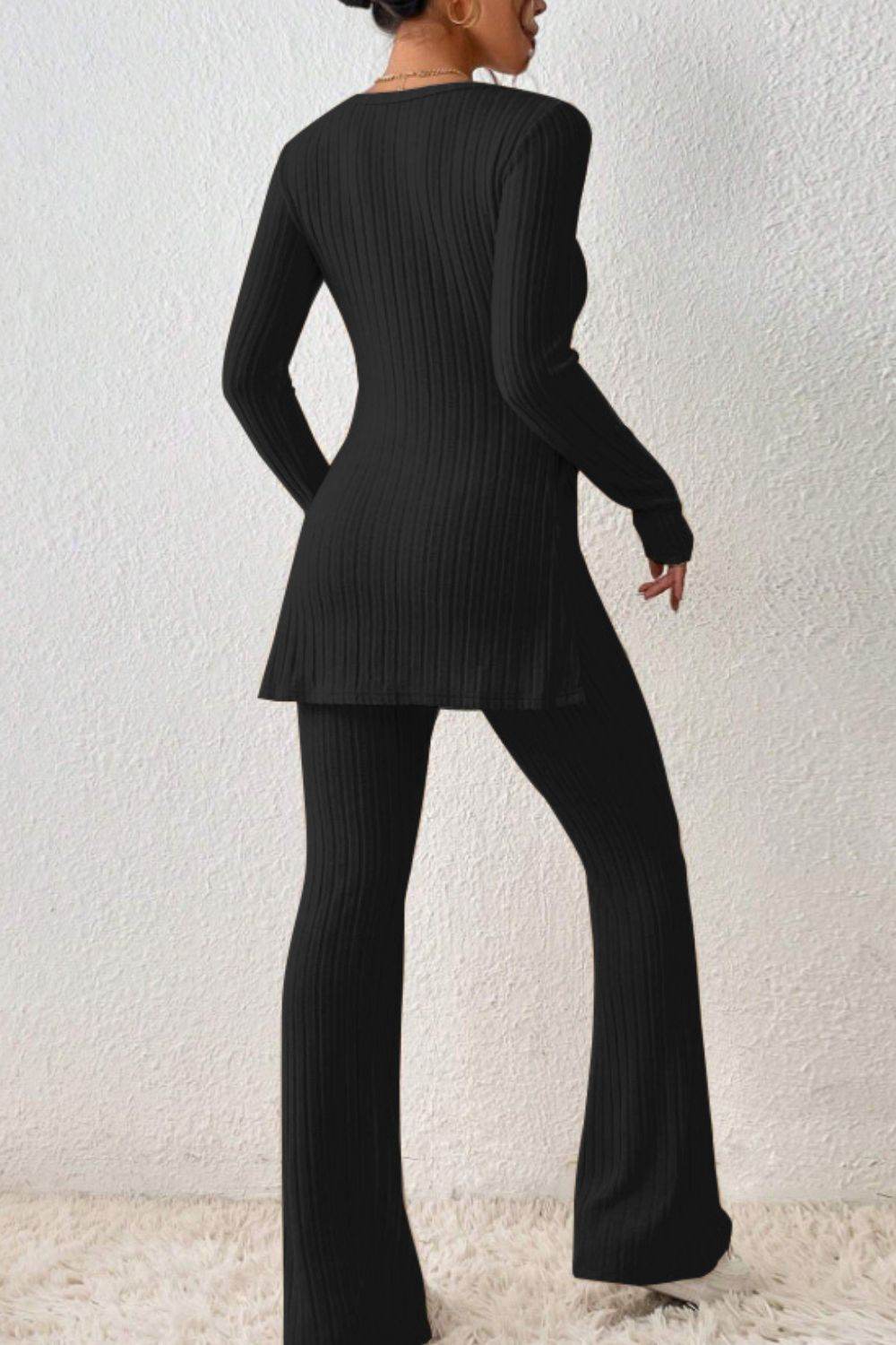 Ribbed Long Sleeve Slit Top and Bootcut Pants Set - DaTrendStore.Com