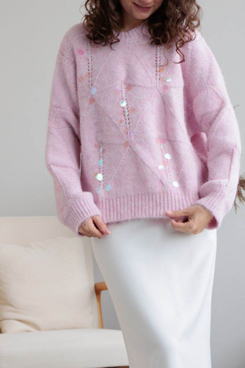 Sequin Round Neck Long Sleeve Sweater - DaTrendStore.Com