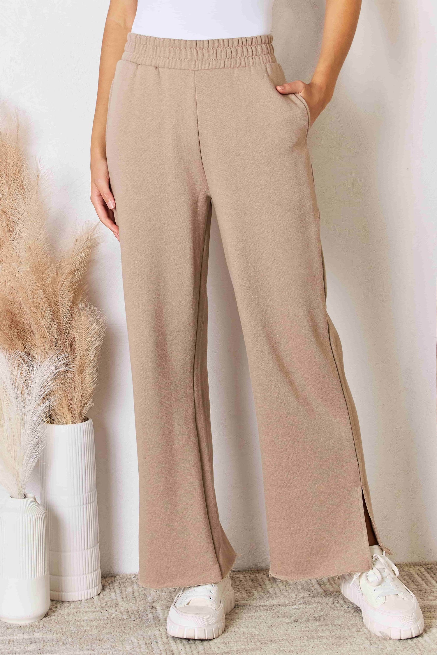 RISEN Wide Waistband Slit Wide Leg Pants - DaTrendStore.Com