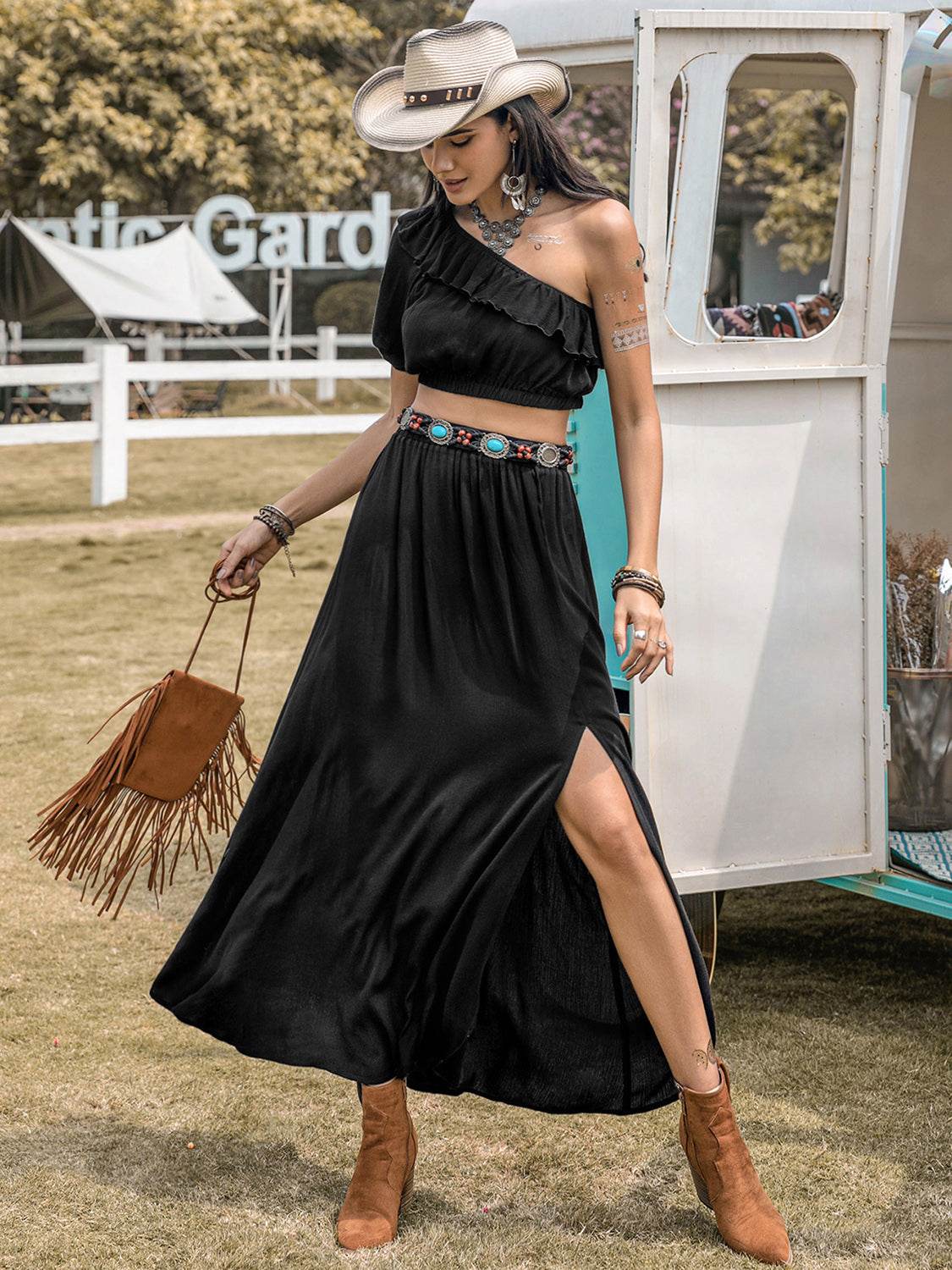 Ruffled Single Shoulder Top and Slit Skirt Set - DaTrendStore.Com