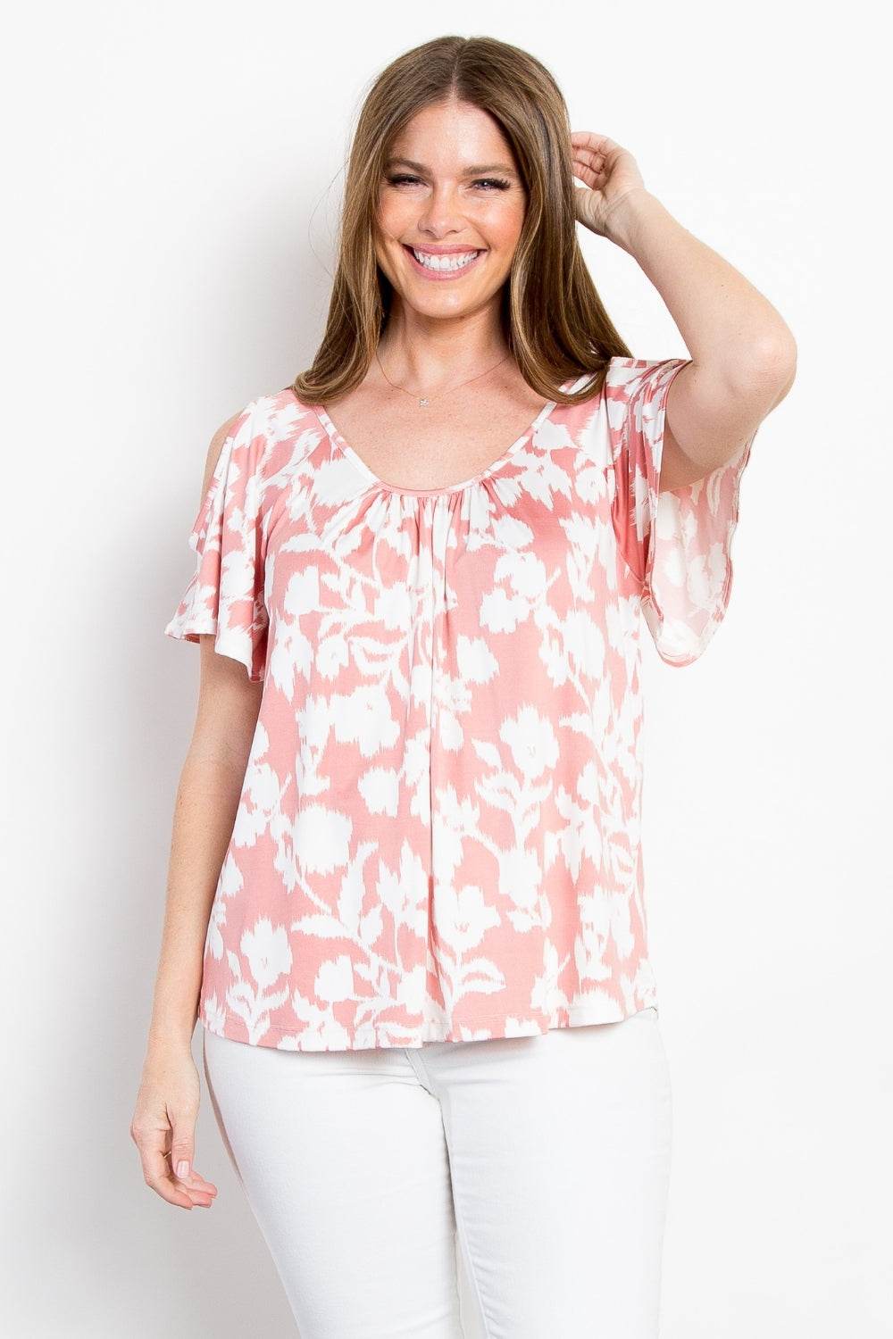 Be Stage Full Size Foral Cold Shoulder Top - DaTrendStore.Com