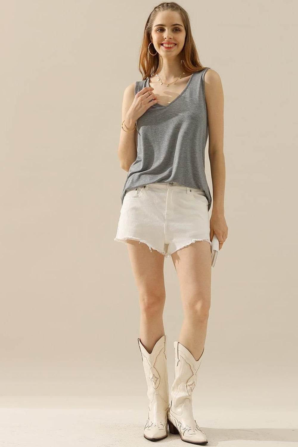 Ninexis Full Size V-Neck Curved Hem Tank - DaTrendStore.Com
