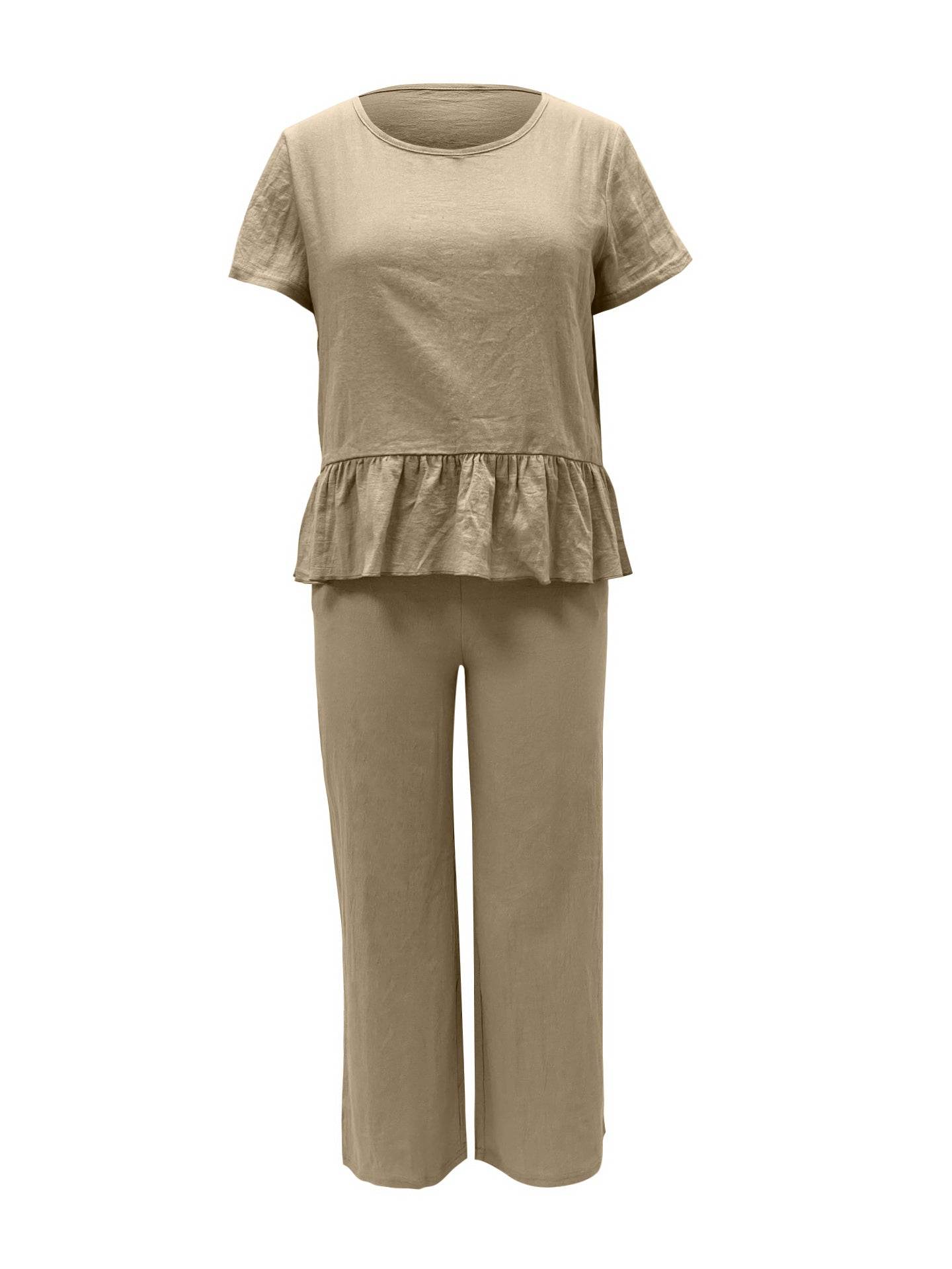 Peplum Round Neck Short Sleeve Top and Pants Set - DaTrendStore.Com