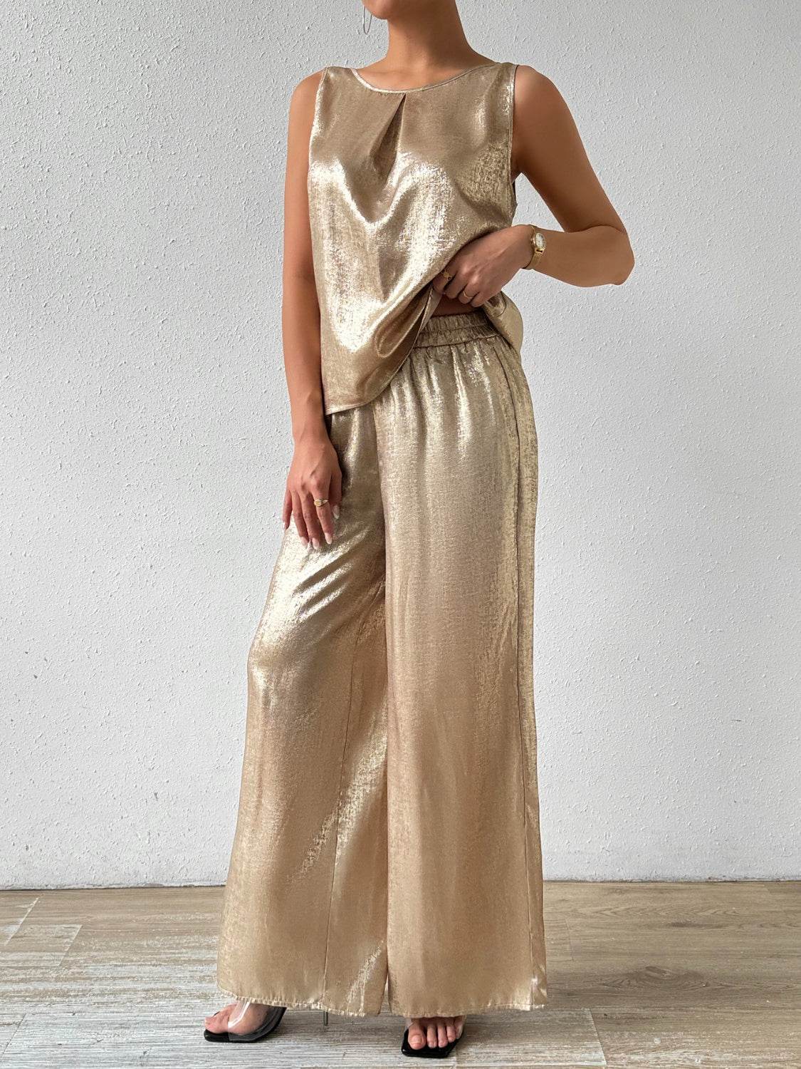 Honey Round Neck Sleeveless Top and Pants Set - DaTrendStore.Com