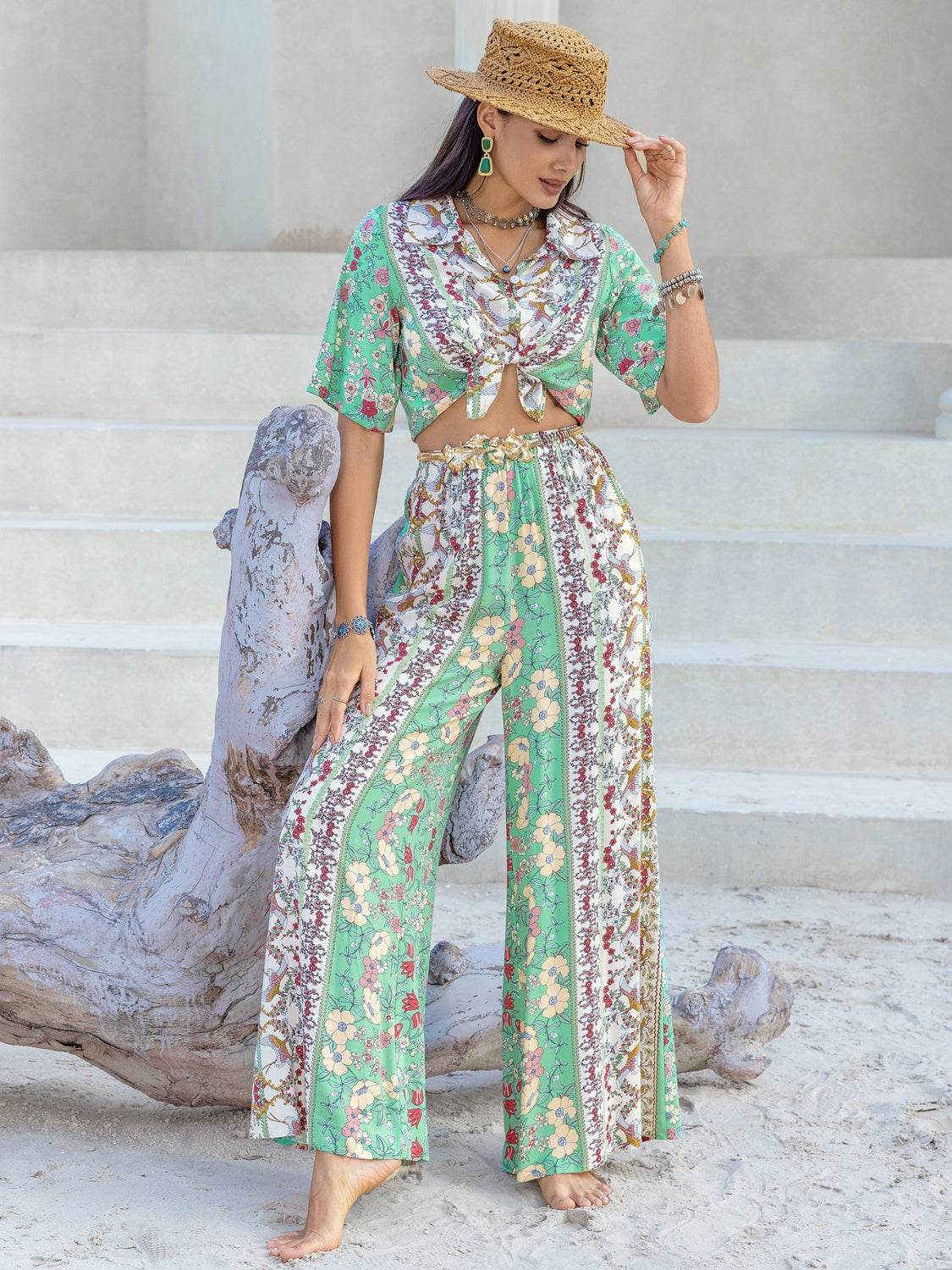 Printed Half Sleeve Top and Wide Leg Pants Set - DaTrendStore.Com