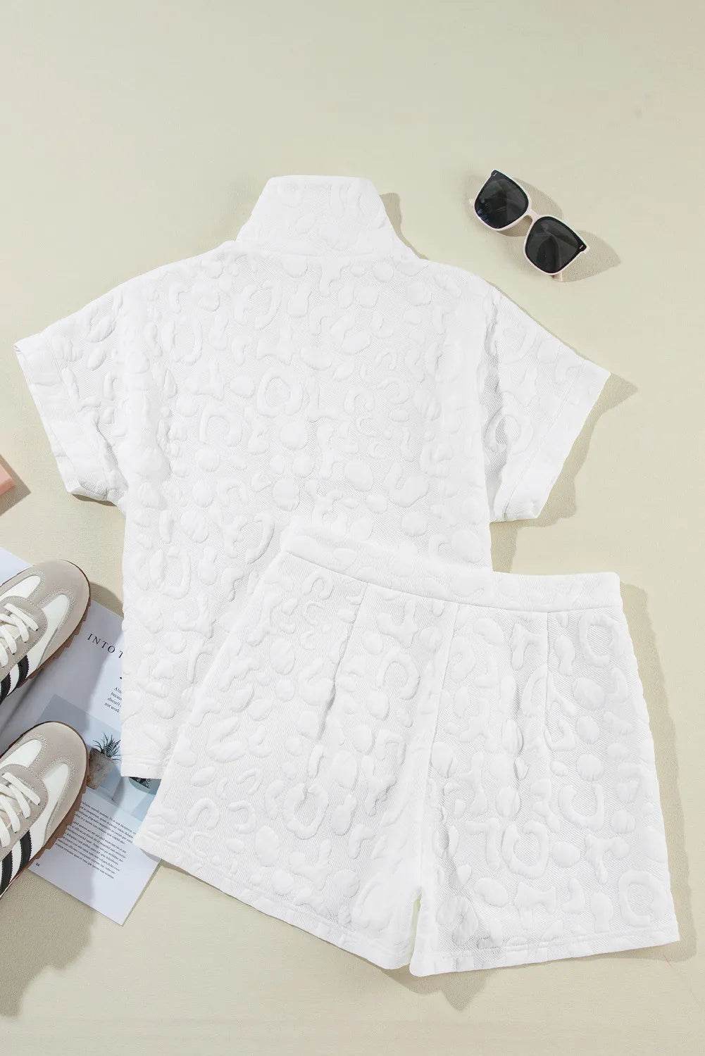Half Zip Short Sleeve Top and Shorts Set - DaTrendStore.Com