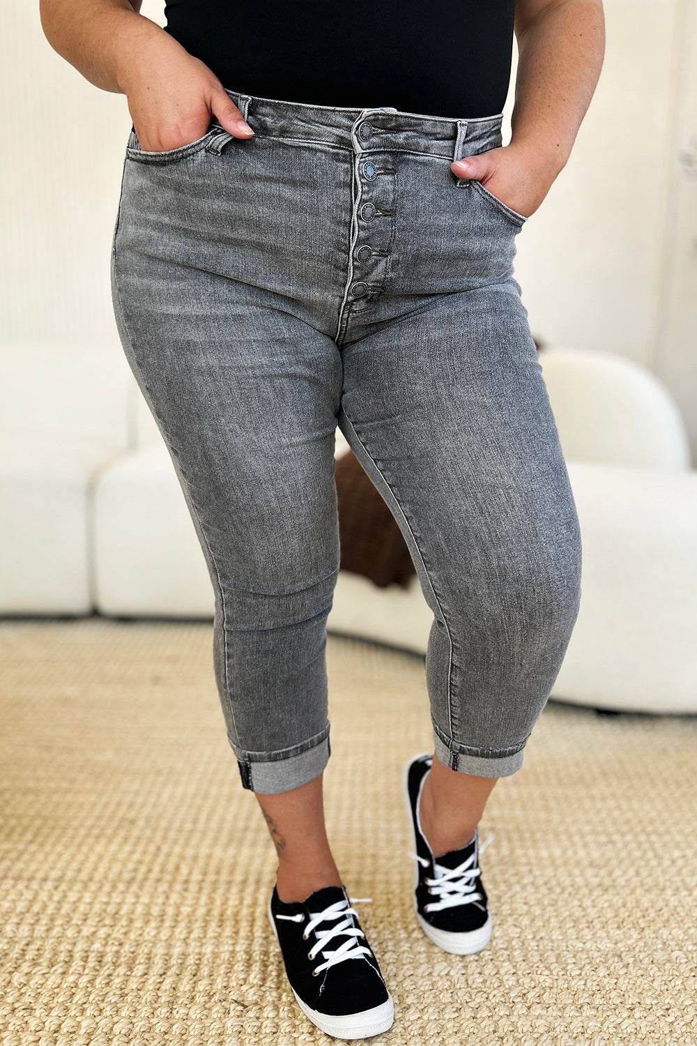 Judy Blue Full Size Button Fly High Waist Cuffed Capris - DaTrendStore.Com