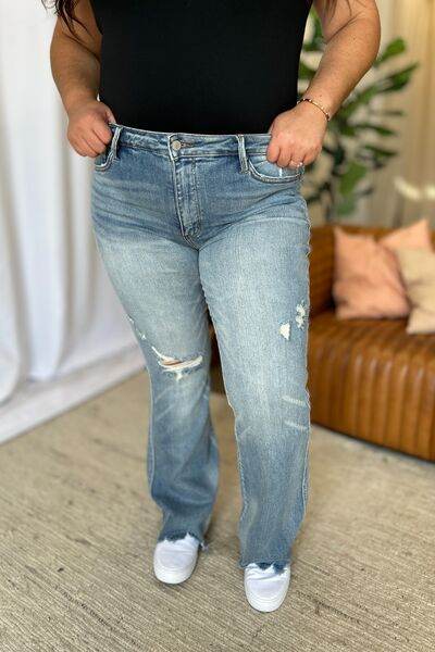 Judy Blue Full Size Medium Rise Tummy Control Destroy Flare - DaTrendStore.Com