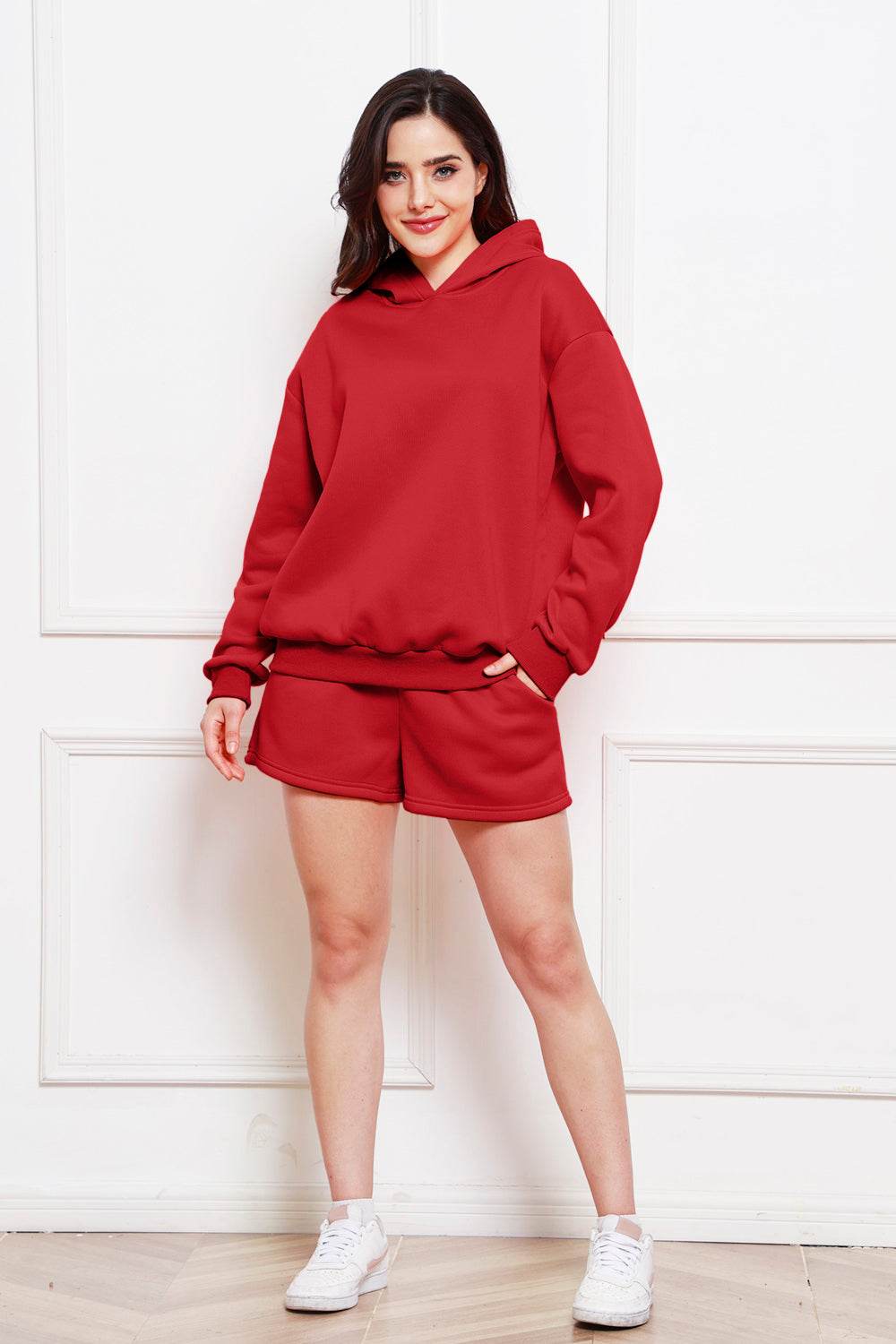 Drop Shoulder Long Sleeve Hoodie and Shorts Set - DaTrendStore.Com
