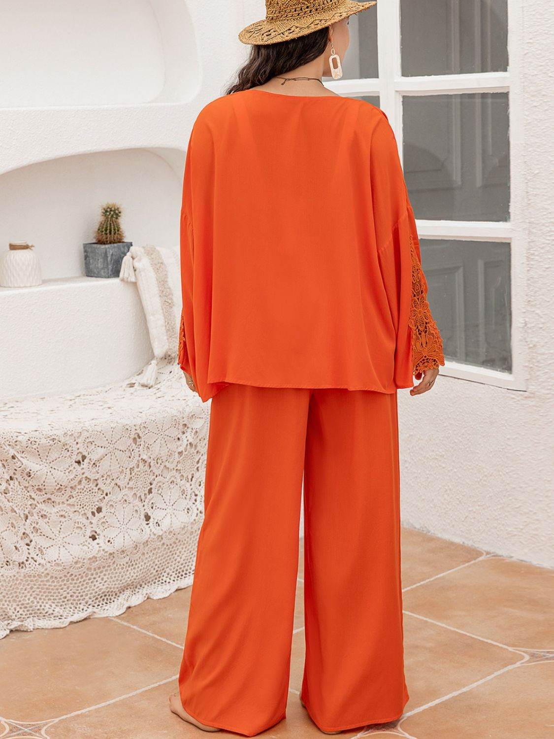 Plus Size Lace Detail Long Sleeve Top and Pants Set - DaTrendStore.Com