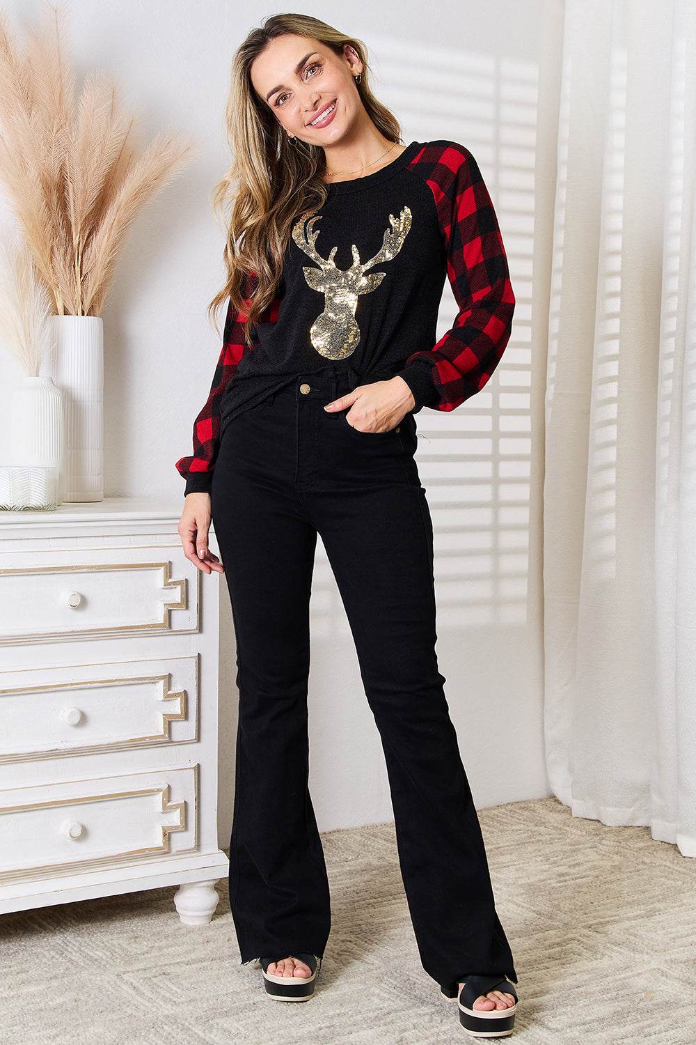 Heimish Full Size Sequin Reindeer Graphic Plaid Top - DaTrendStore.Com