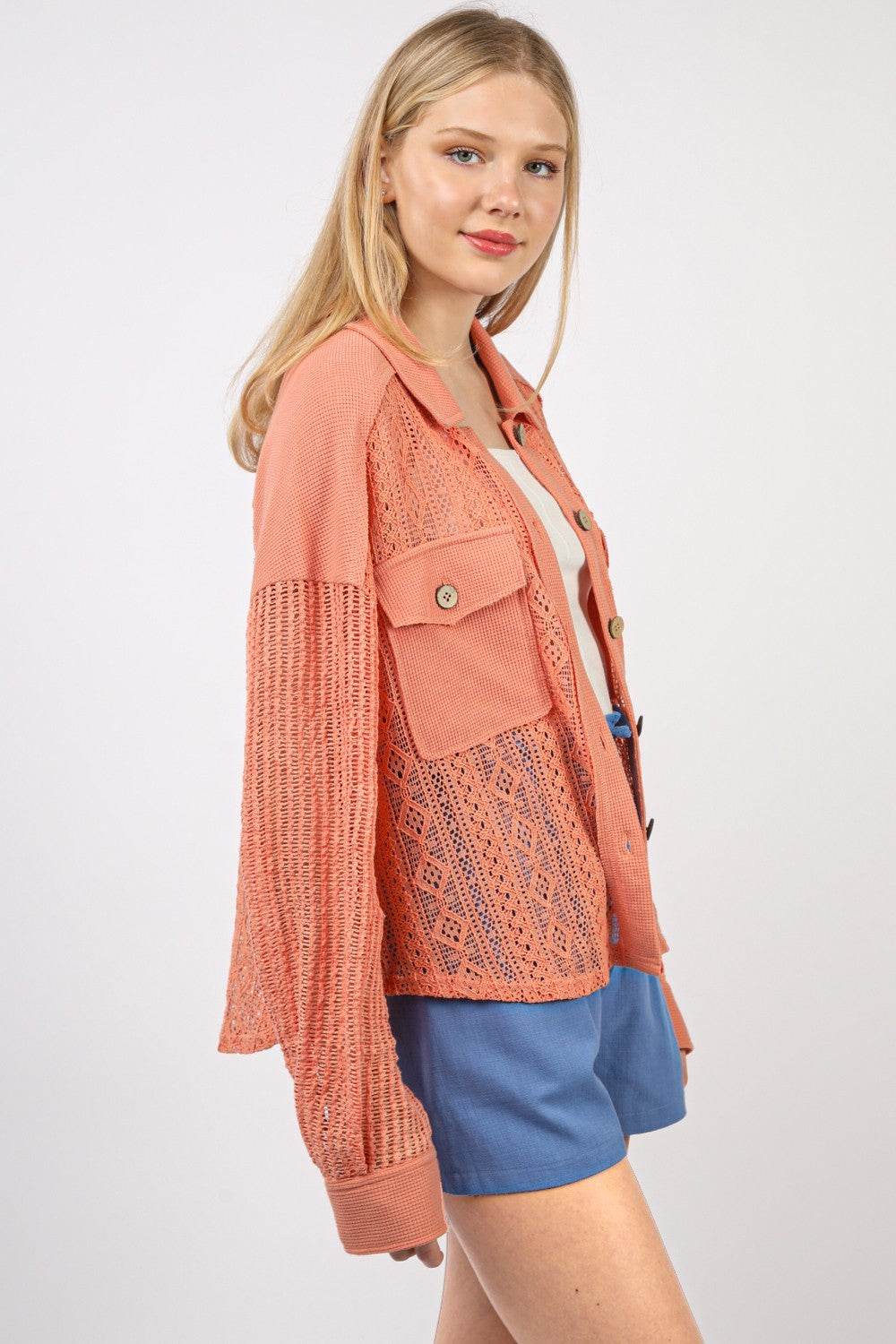 VERY J Button Up Long Sleeve Lace Shirt - DaTrendStore.Com