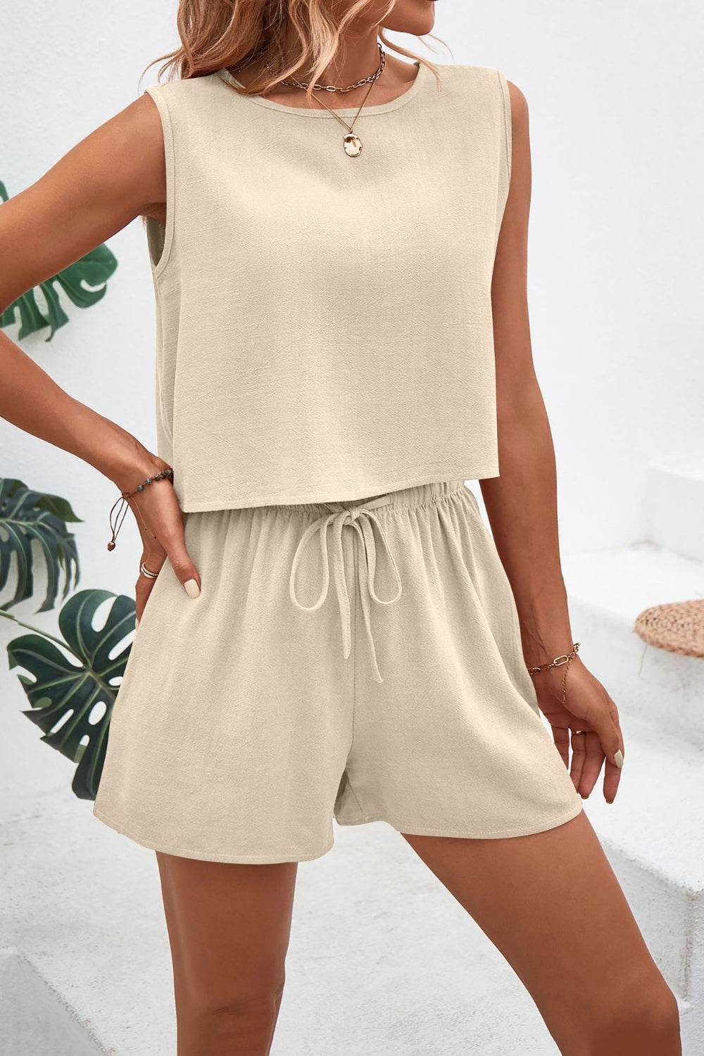Round Neck Top and Drawstring Shorts Set - DaTrendStore.Com