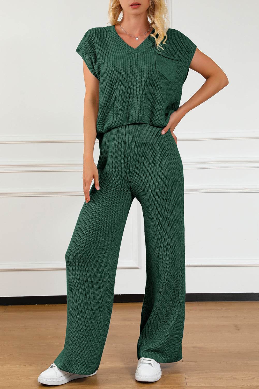 Pocketed V-Neck Top and Wide Leg Sweater Set - DaTrendStore.Com