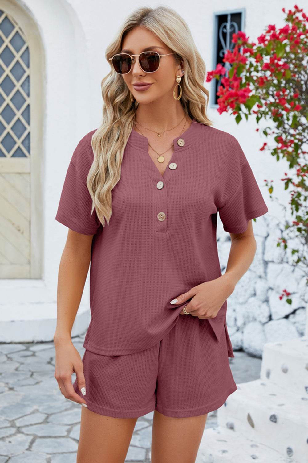 Notched Button Detail Dropped Shoulder Top and Shorts Set - DaTrendStore.Com