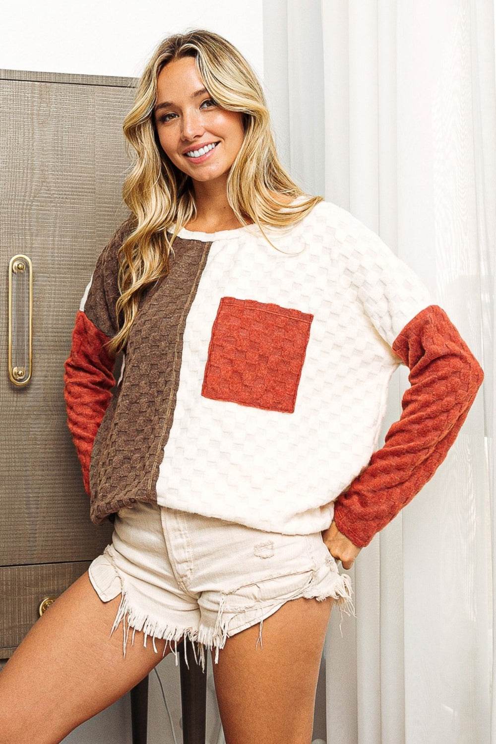 BiBi Color Block Brushed Checker Top - DaTrendStore.Com