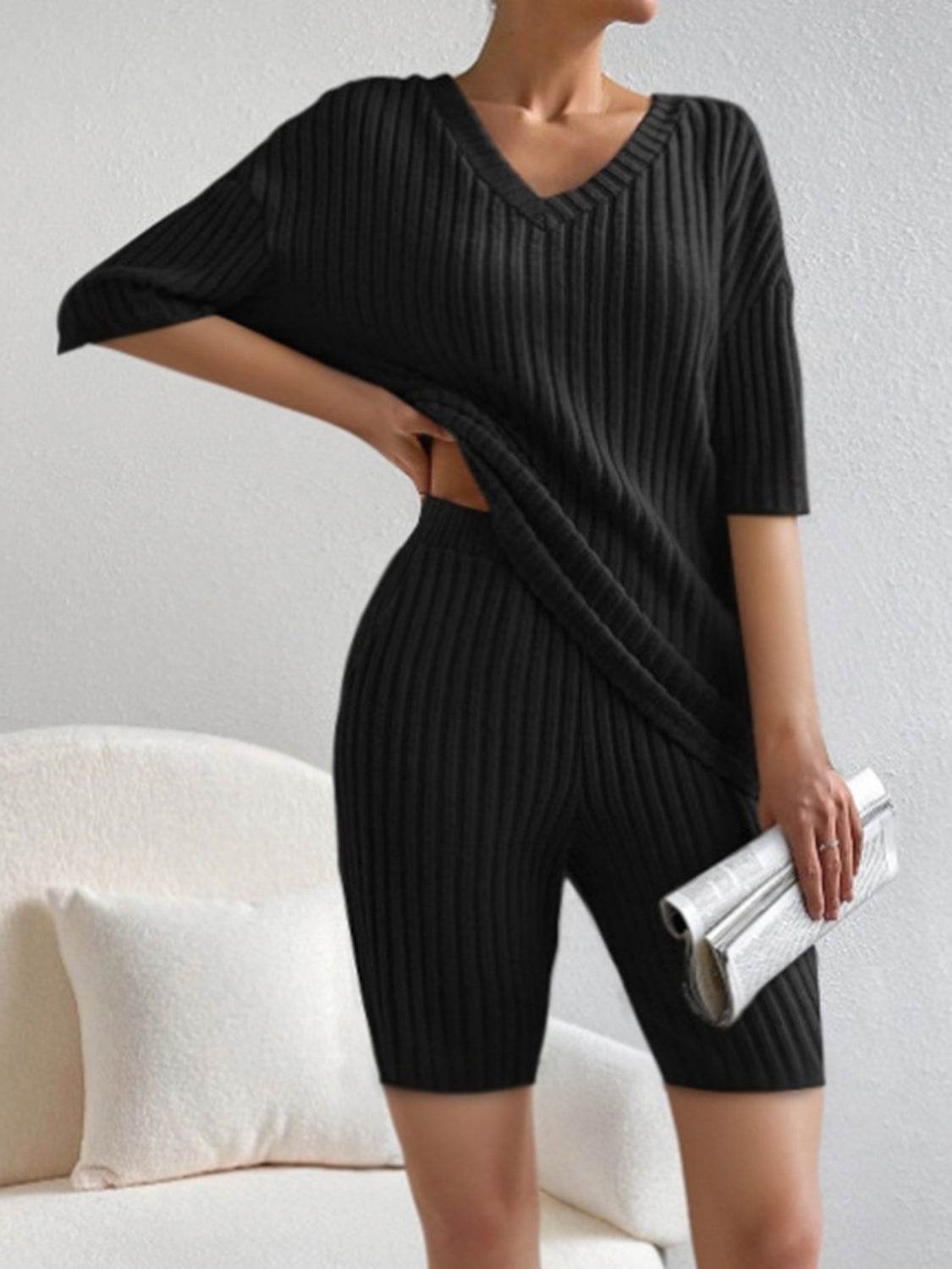Ribbed V-Neck Top and Shorts Set - DaTrendStore.Com