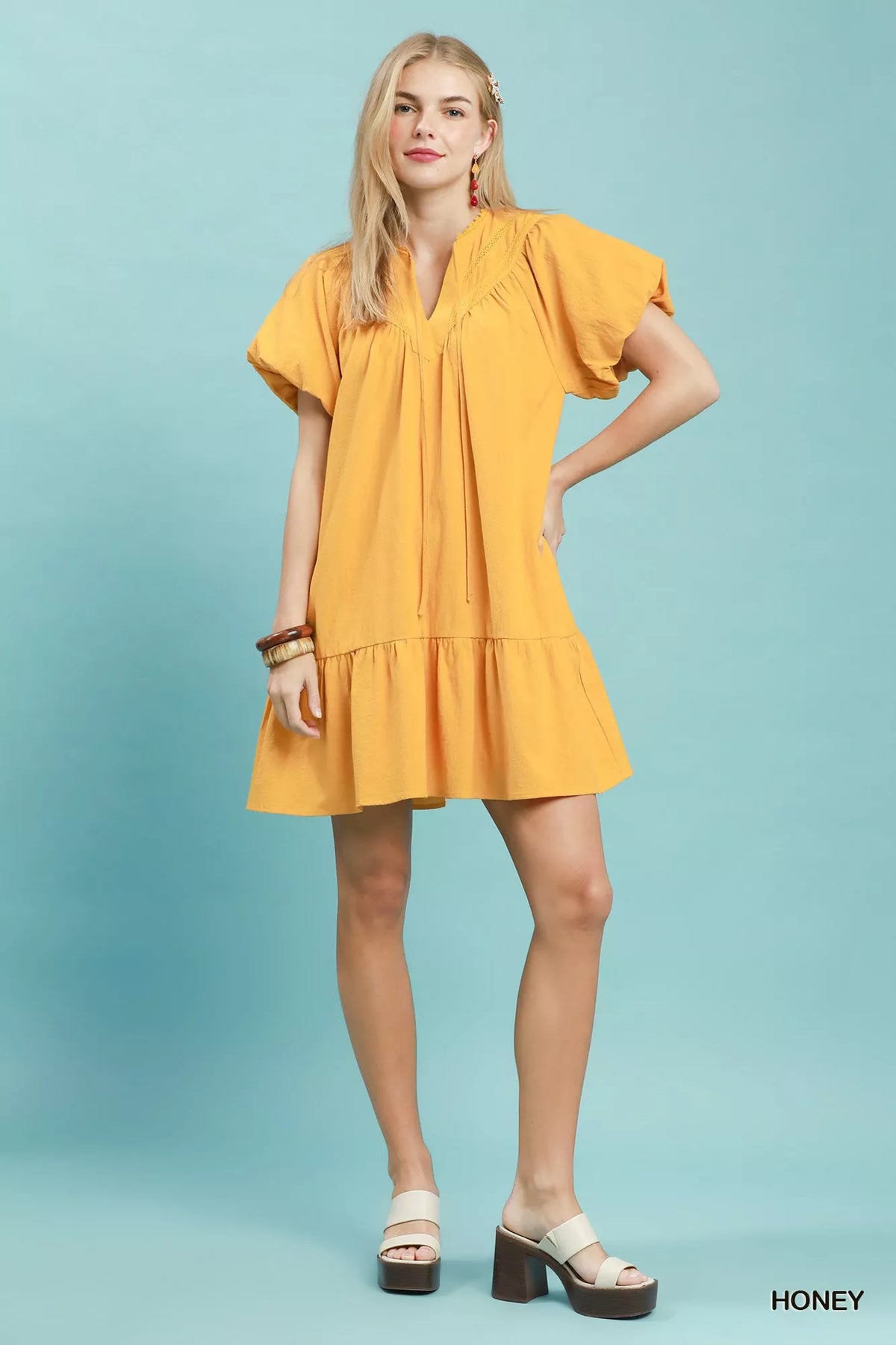 Umgee Flutter Sleeve Tassel Tie Ruffle Hem Mini Dress - Honey