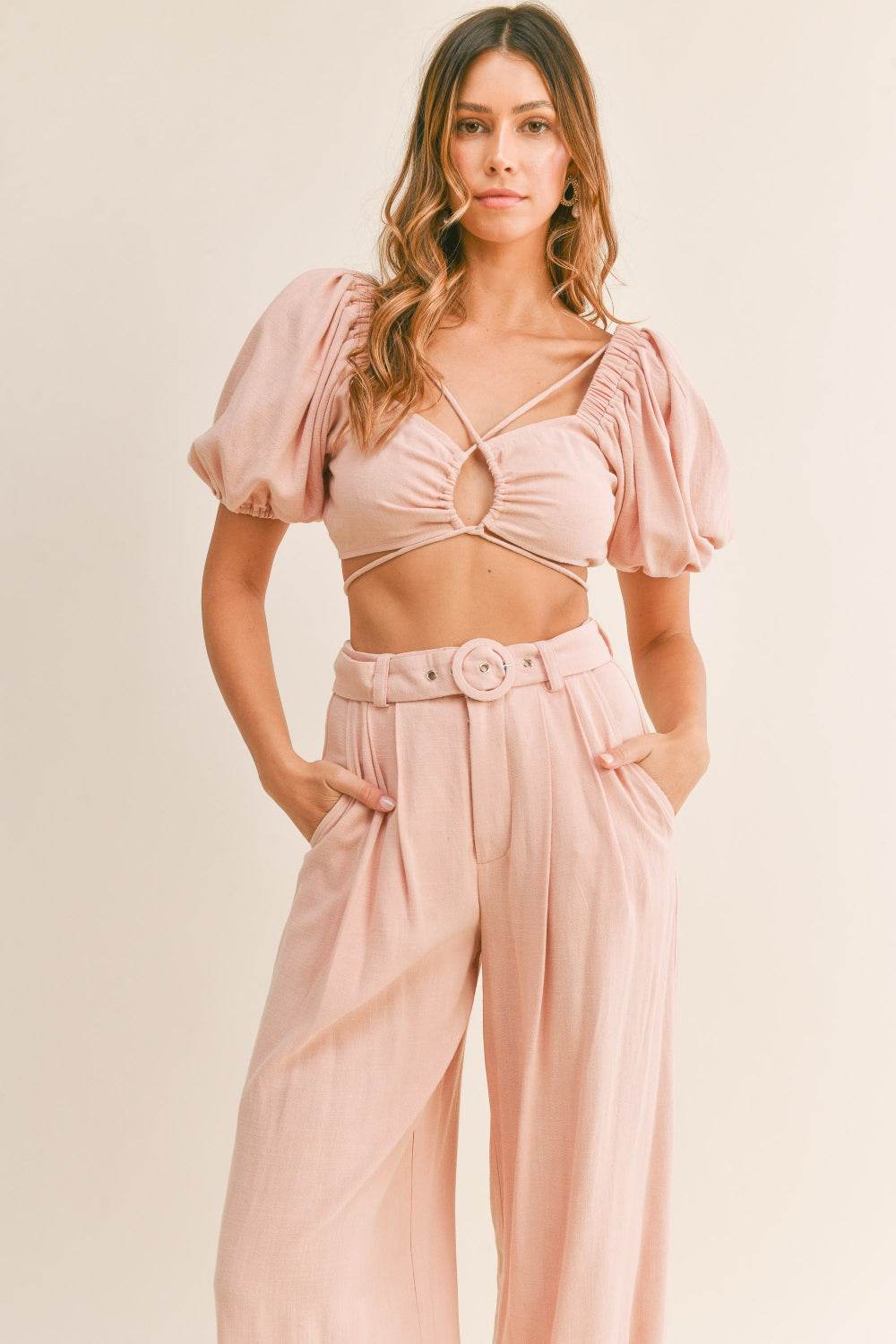 MABLE Cut Out Drawstring Crop Top and Belted Pants Set - DaTrendStore.Com