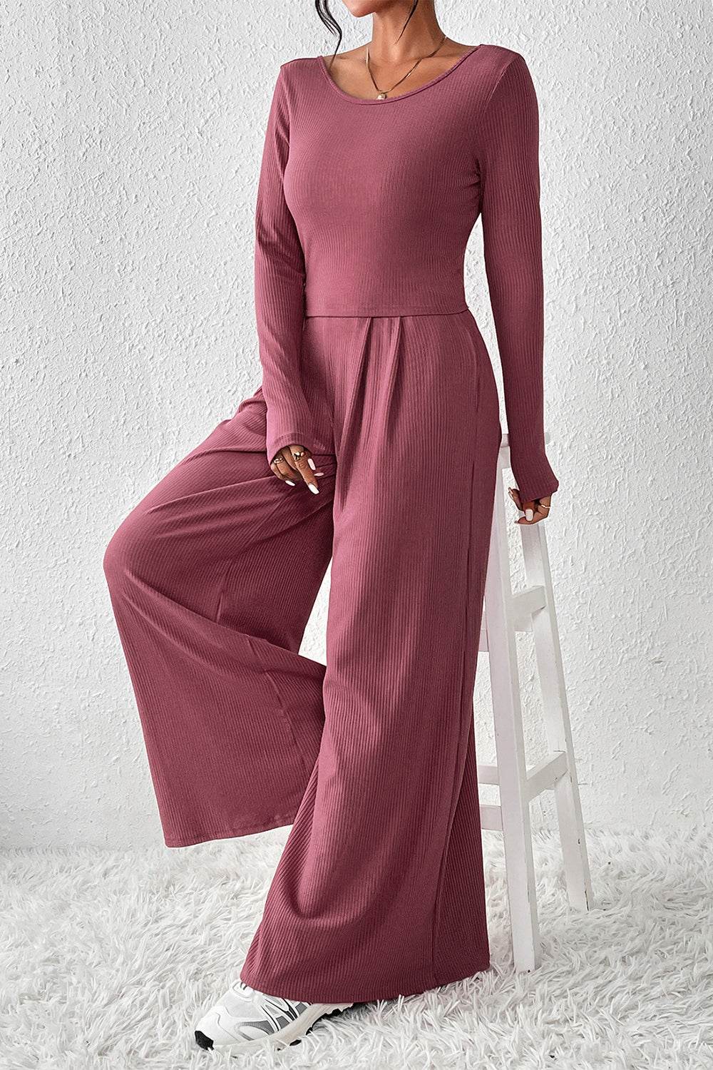Ribbed Round Neck Top and Wide-Leg Pants Set - DaTrendStore.Com