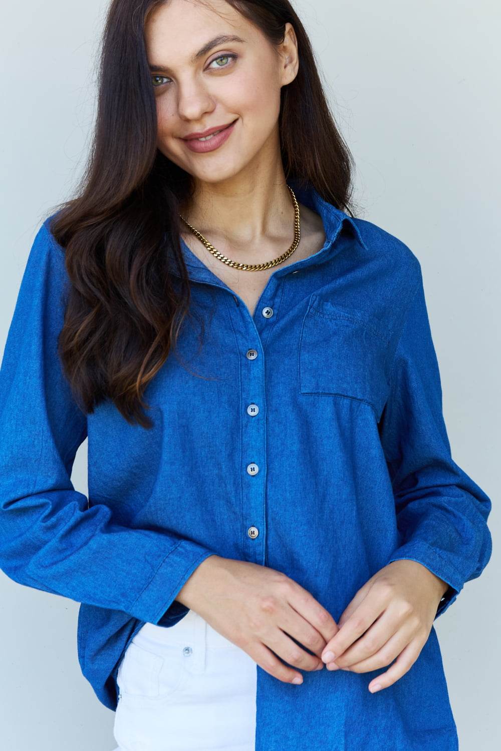 Doublju Blue Jean Baby Denim Button Down Shirt Top in Dark Blue - DaTrendStore.Com