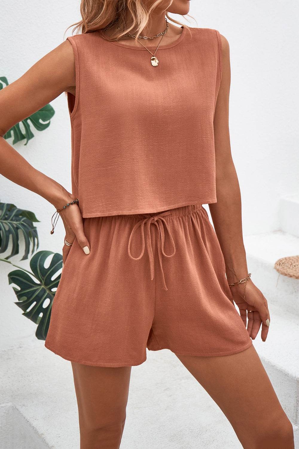 Round Neck Top and Drawstring Shorts Set - DaTrendStore.Com