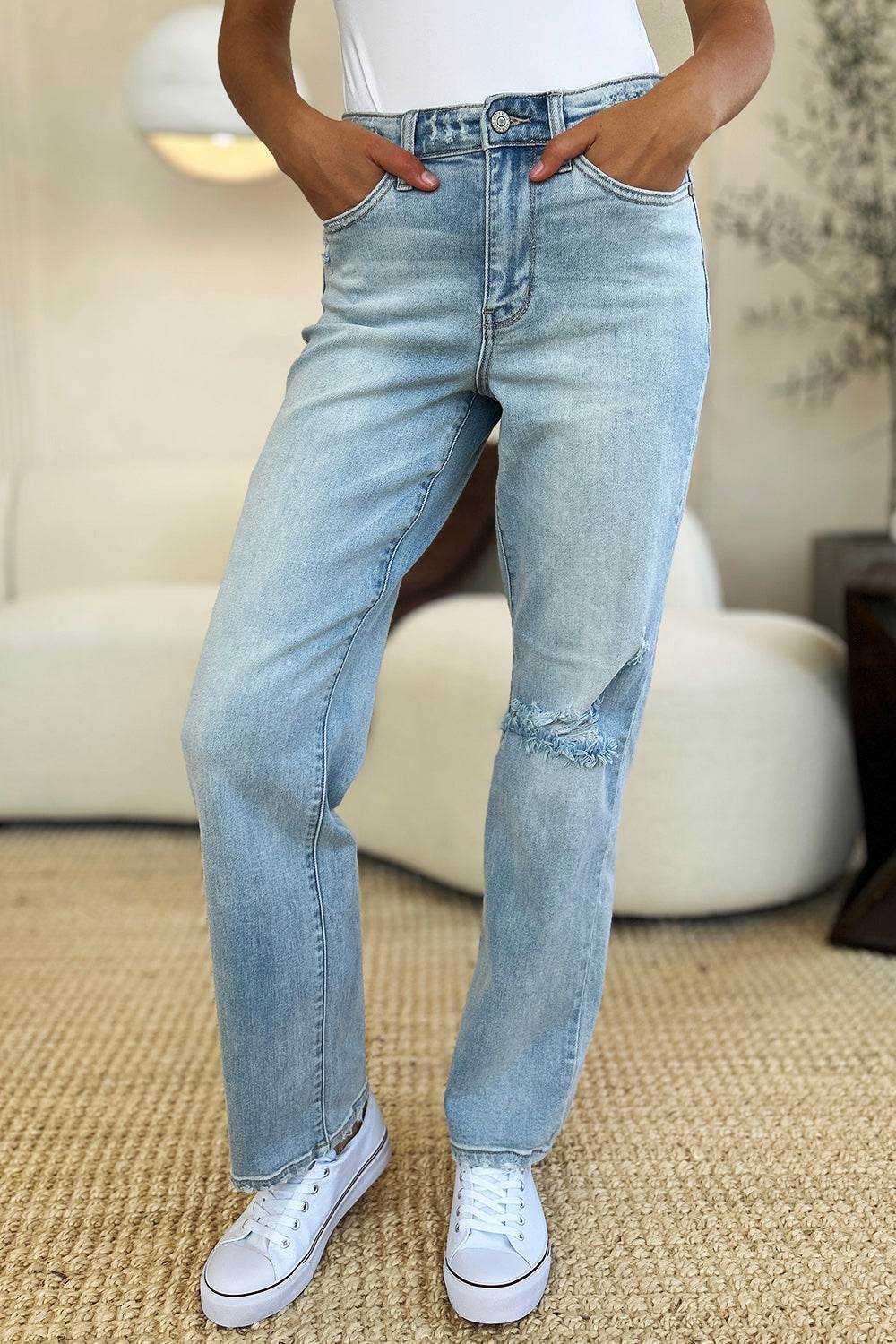 Judy Blue Full Size High Waist Distressed Straight Jeans - DaTrendStore.Com