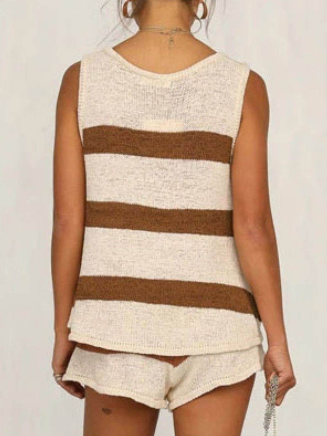V-Neck Sleeveless Top and Drawstring Shorts Sweater Set - DaTrendStore.Com