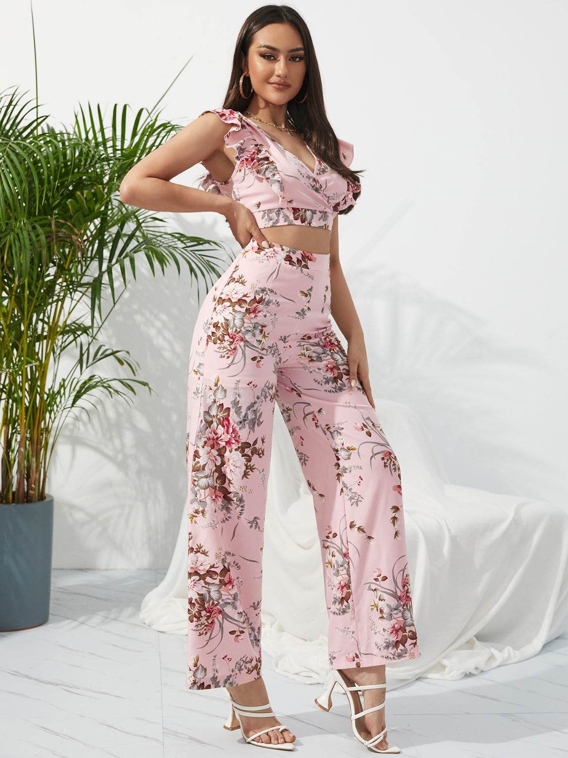Honey Printed Surplice Cap Sleeve Top and Pants Set - DaTrendStore.Com