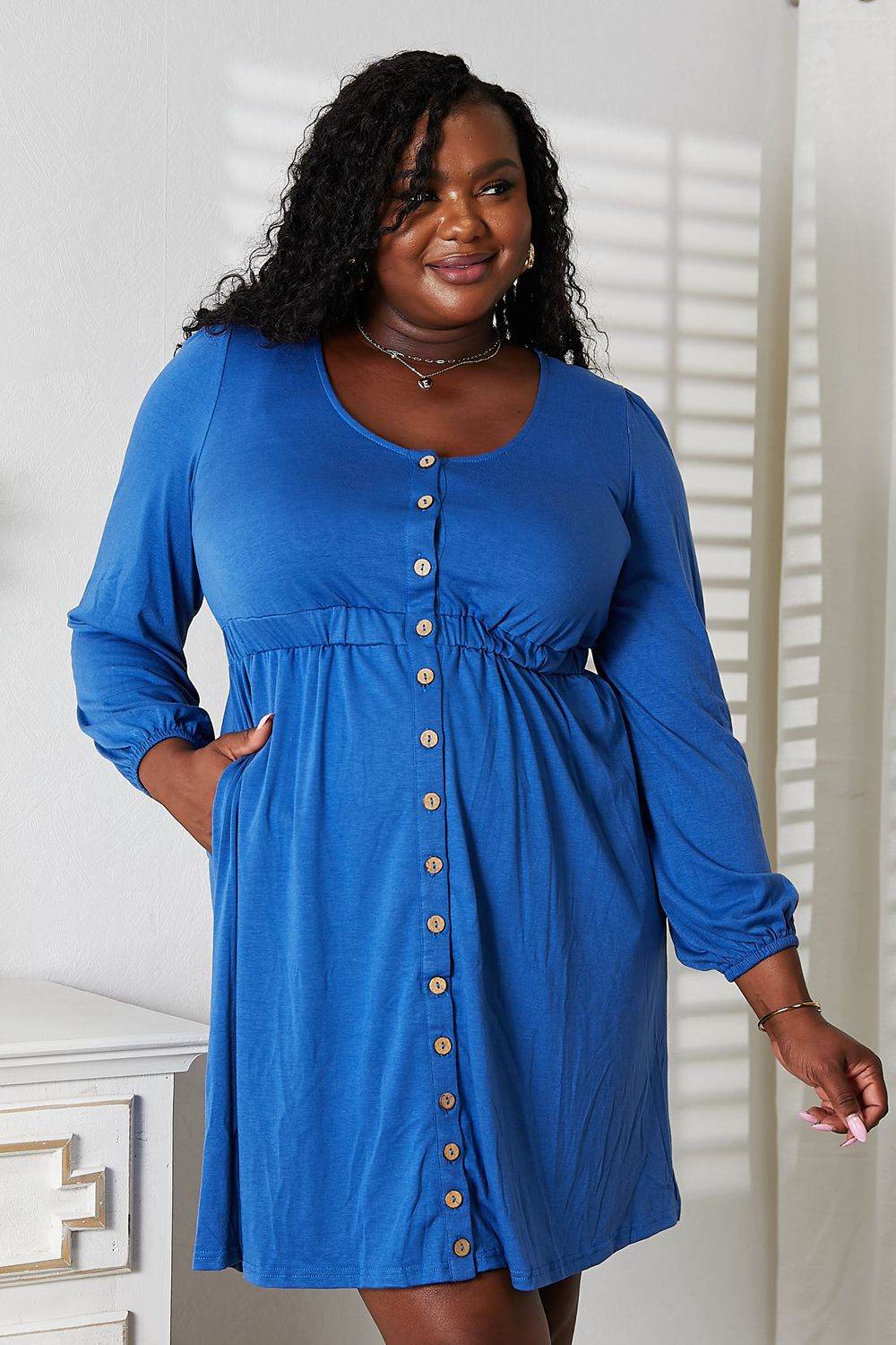 Double Take Scoop Neck Empire Waist Long Sleeve Magic Dress - DaTrendStore.Com