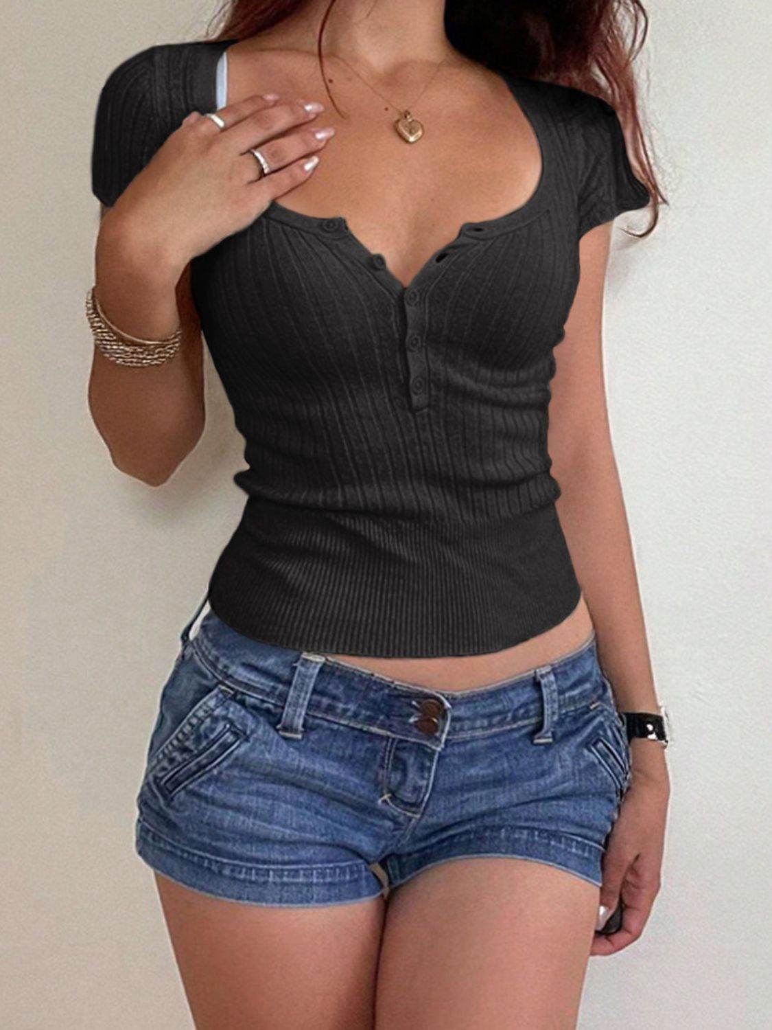 Half Button Scoop Neck Short Sleeve Knit Top - DaTrendStore.Com