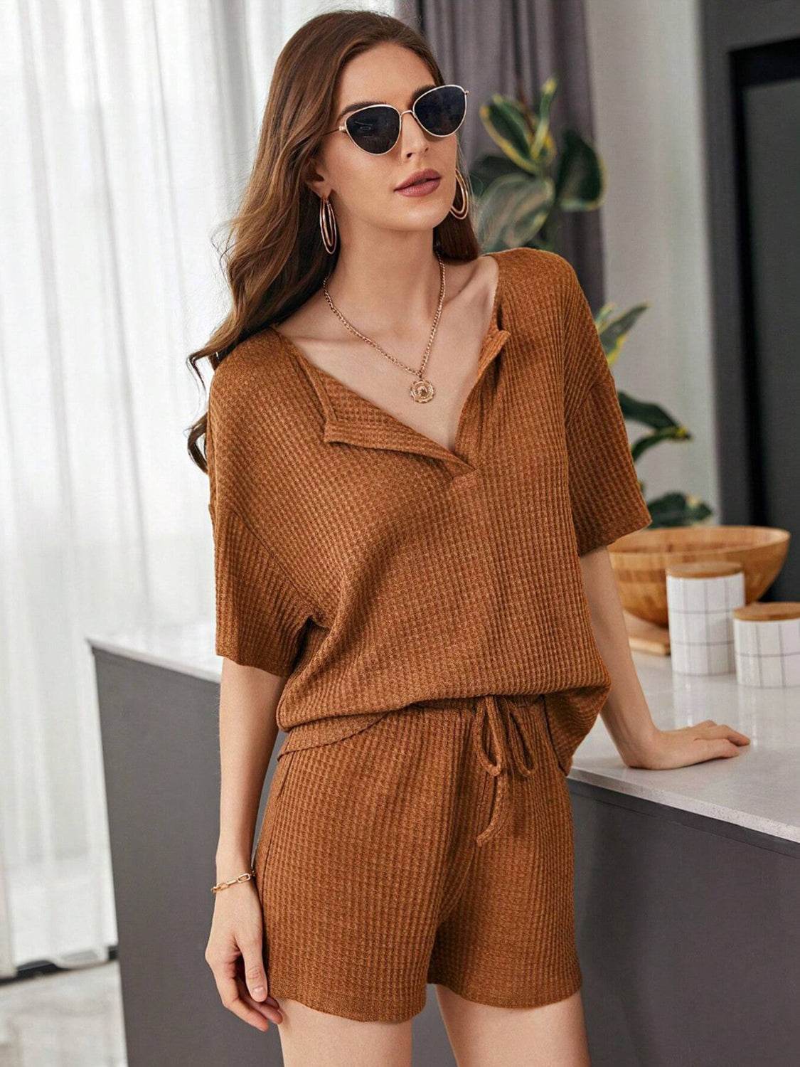 Full Size Waffle-Knit Dropped Shoulder Top and Shorts Set - DaTrendStore.Com