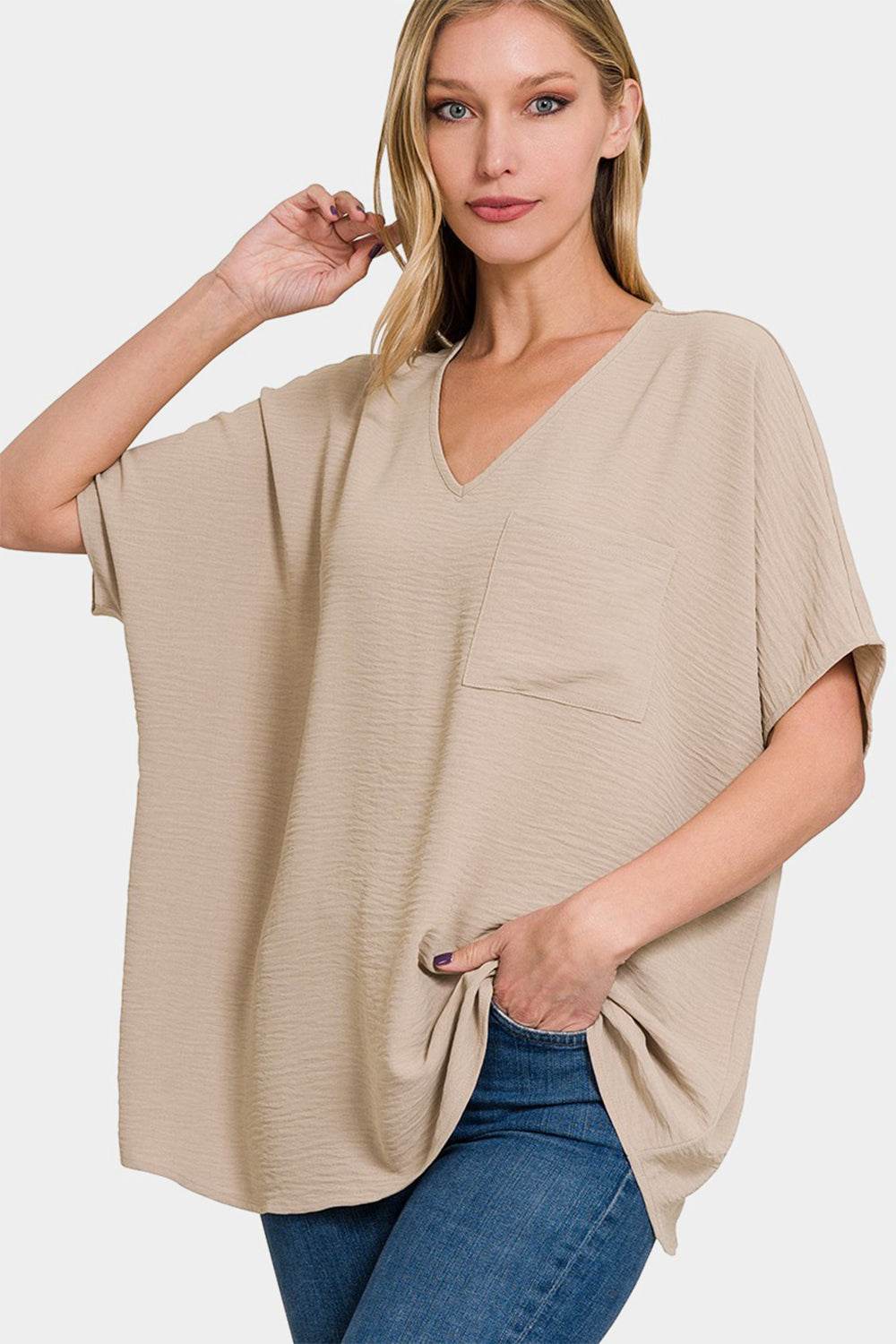 Zenana Full Size Texture V-Neck Short Sleeve Top - DaTrendStore.Com
