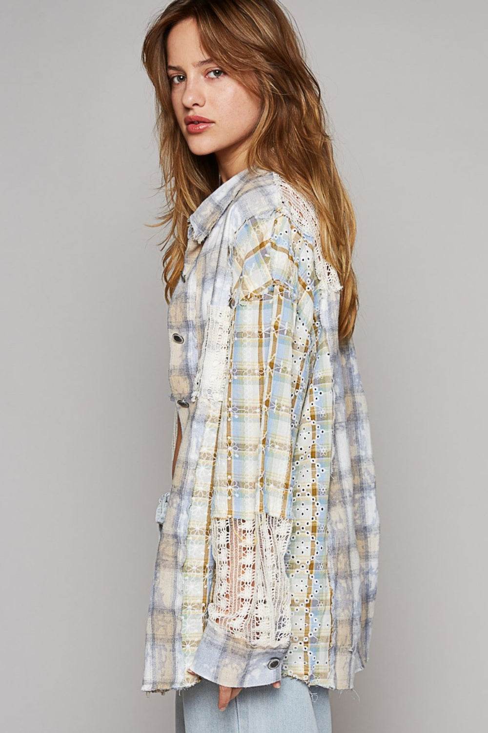 POL Long Sleeve Embroidered Crochet Plaid Shirt - DaTrendStore.Com