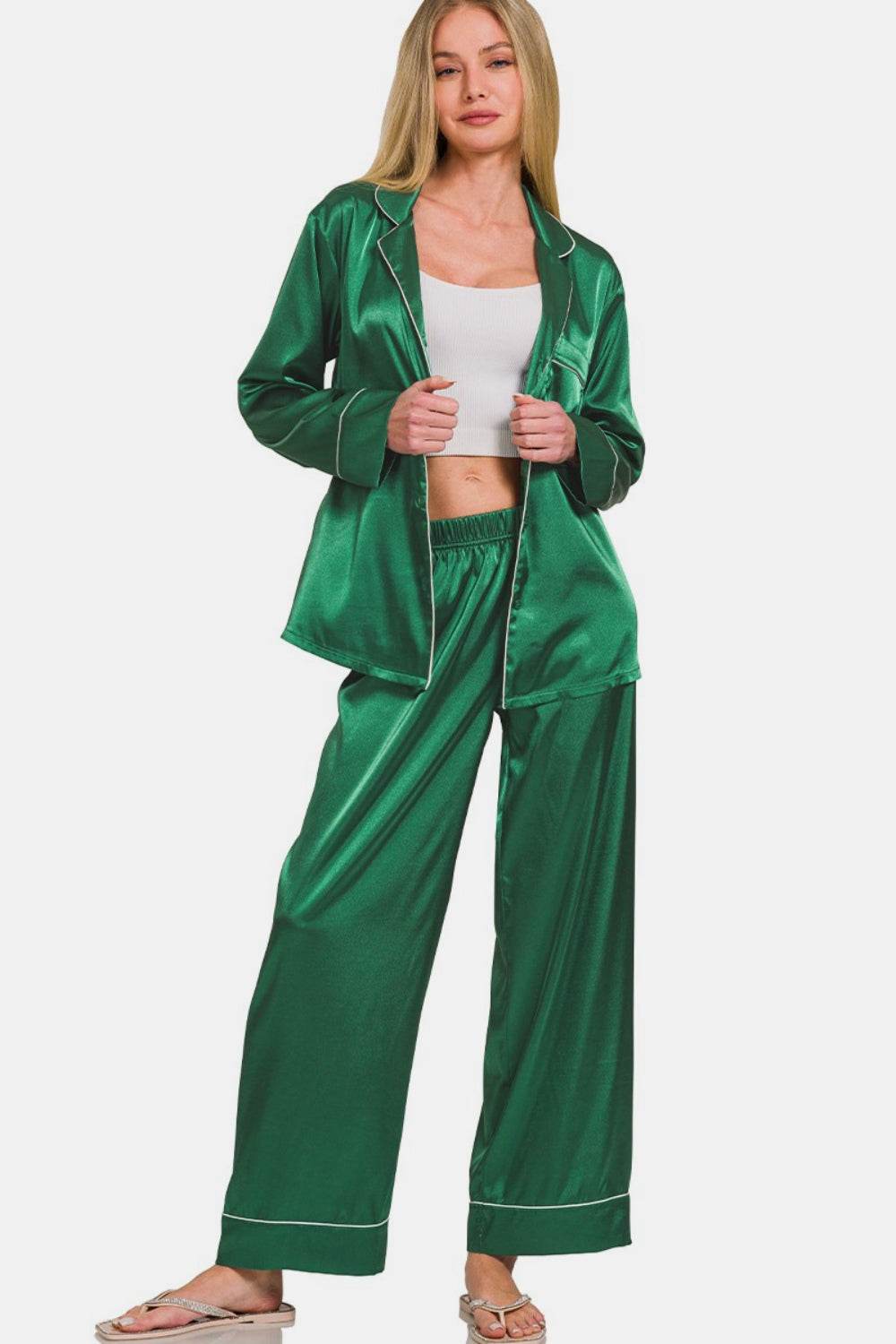 Zenana Satin Long Sleeve Shirt and Pants Pajama Set - DaTrendStore.Com