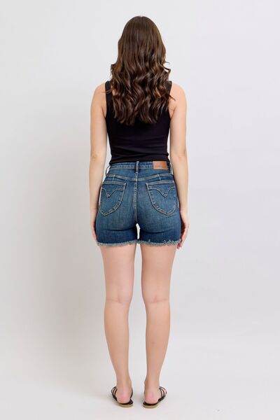 Judy Blue Tummy Control Fray Hem & Shield Back Pockets Denim Shorts - DaTrendStore.Com