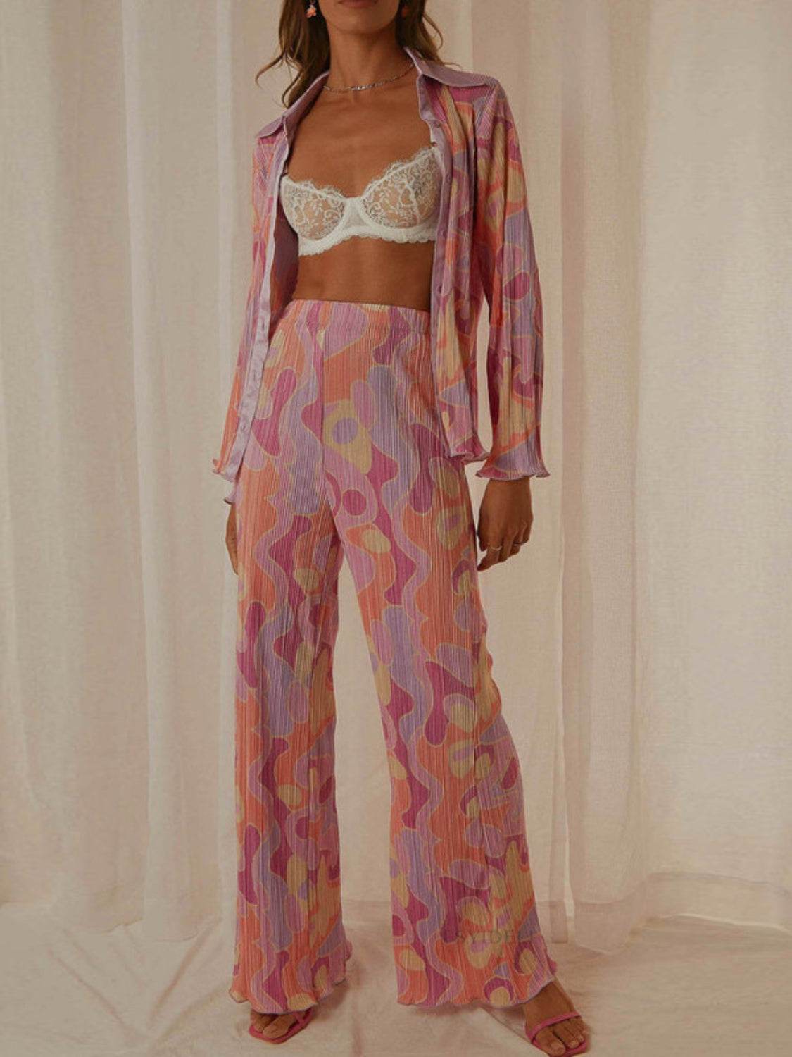 Printed Collared Neck Long Sleeve Top and Pants Lounge Set - DaTrendStore.Com