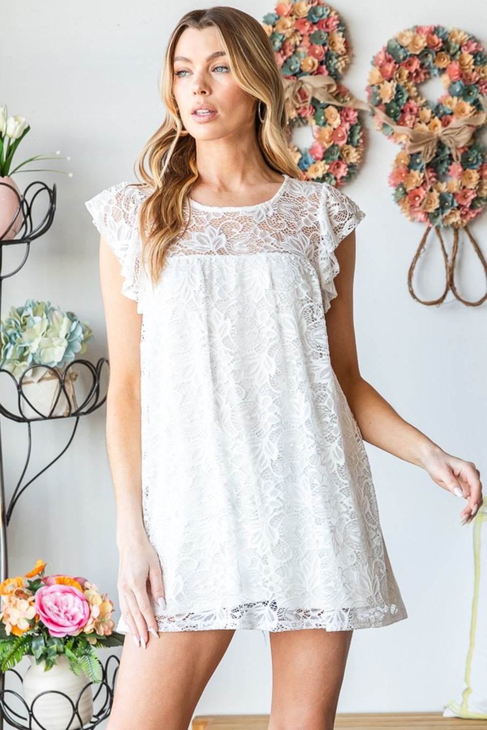 Heimish Full Size Round Neck Cap Sleeve Lace Top - DaTrendStore.Com