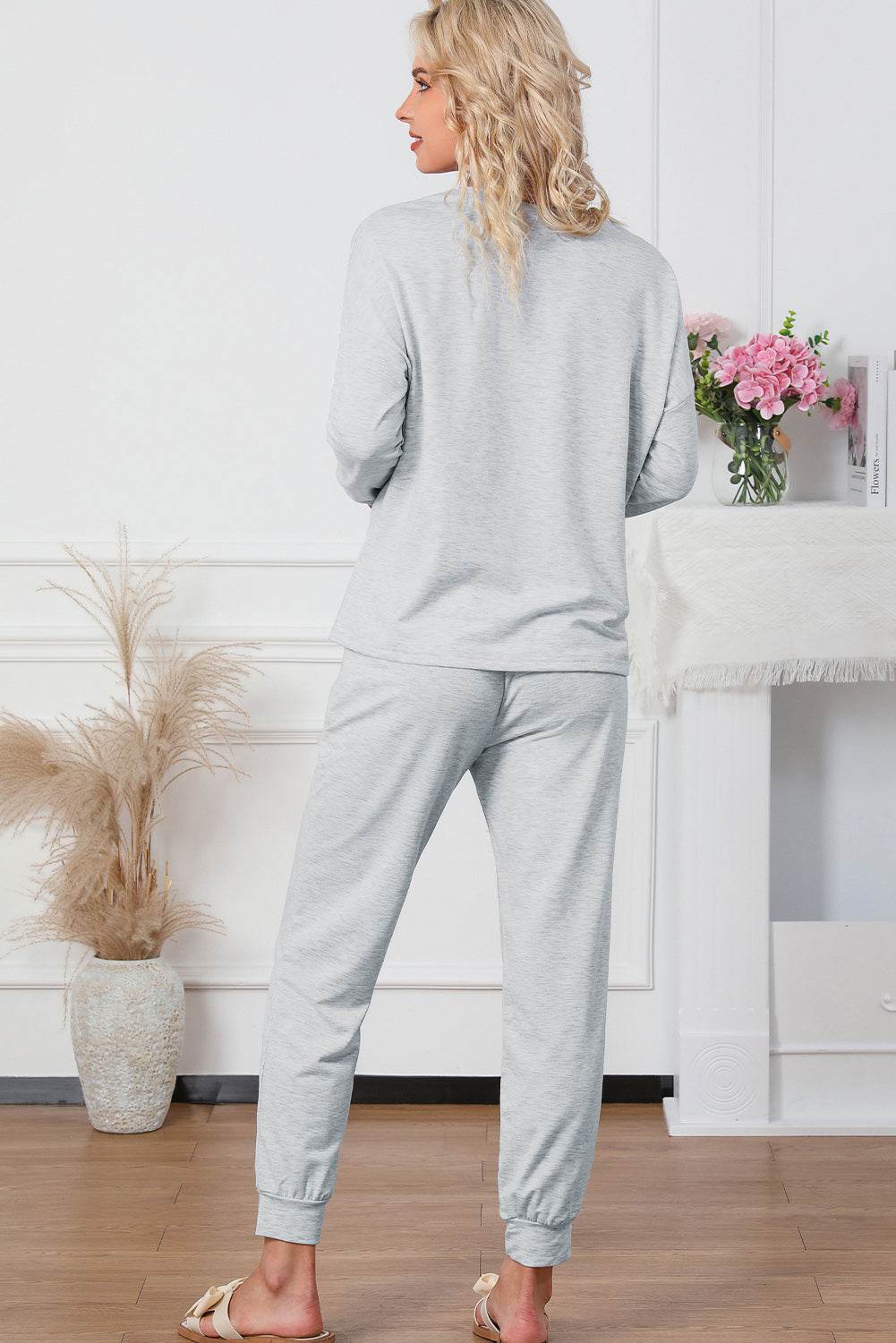 Round Neck Top and Drawstring Pants Lounge Set - DaTrendStore.Com