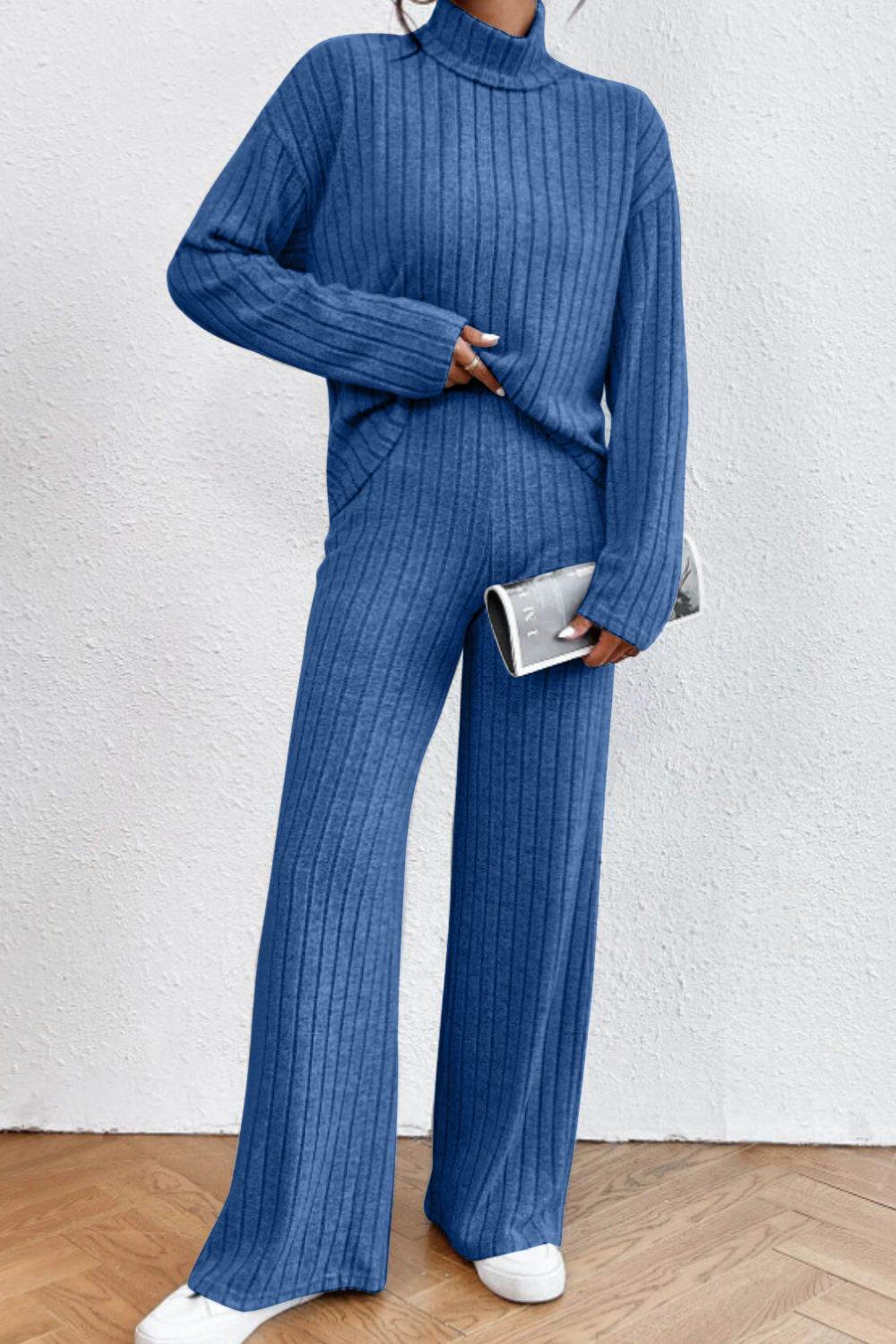 Mock Neck Dropped Shoulder Top and Pants Set - DaTrendStore.Com