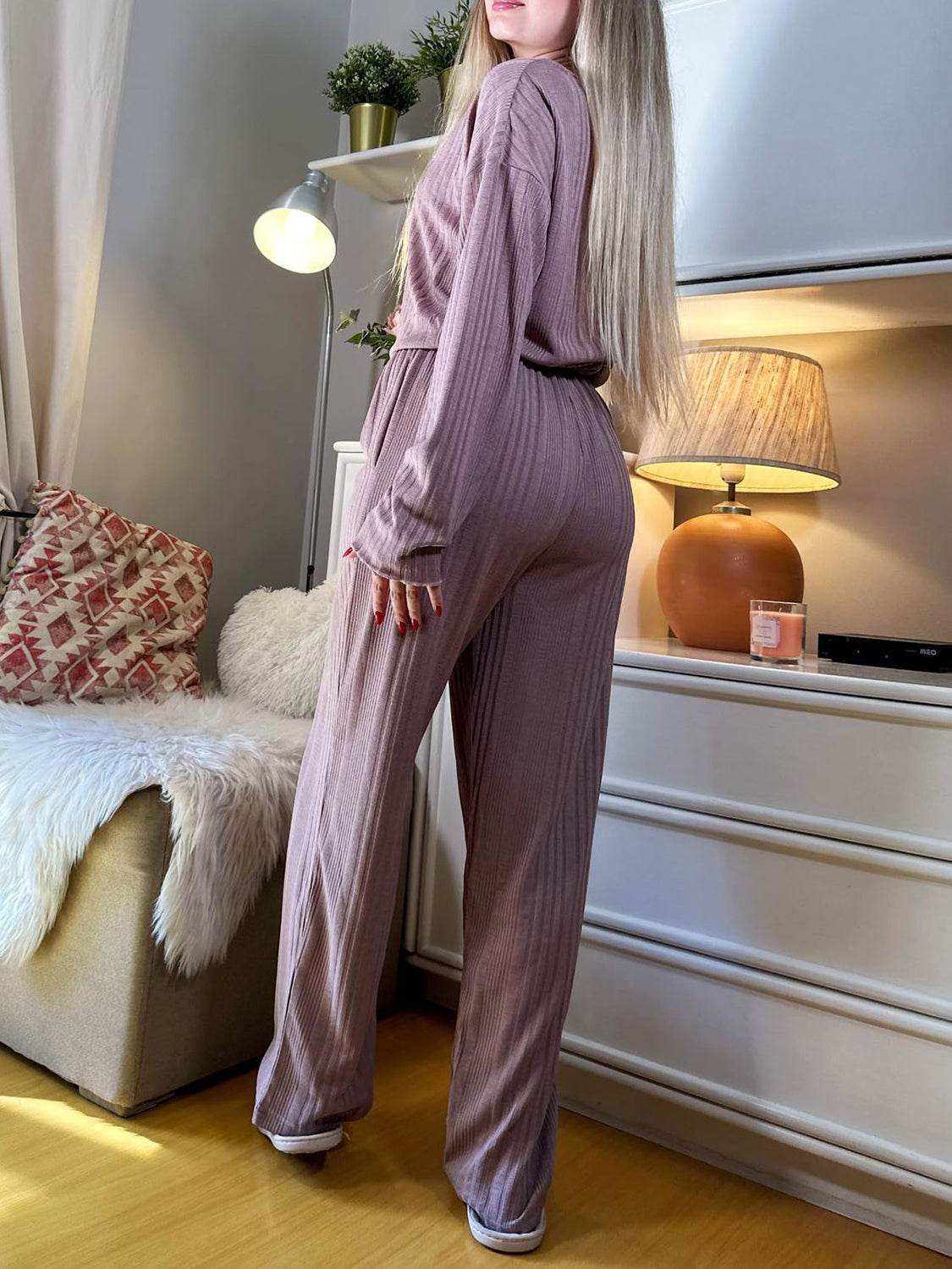 V-Neck Long Sleeve Top and Pants Set - DaTrendStore.Com