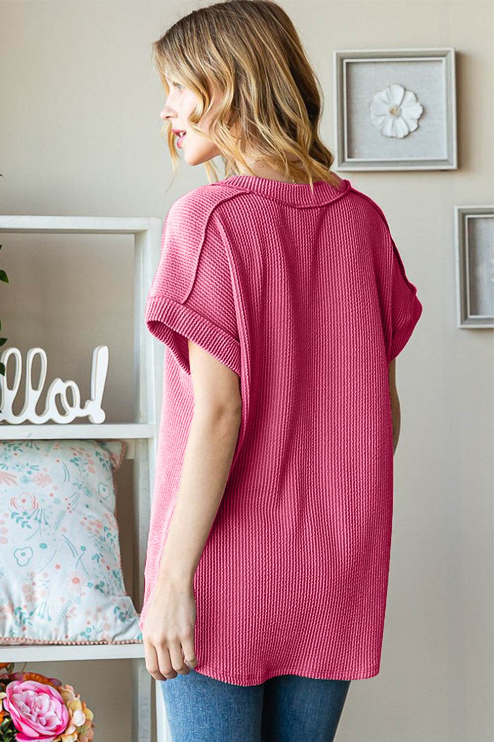 Heimish Full Size Exposed Seam Short Sleeve Ribbed Top - DaTrendStore.Com