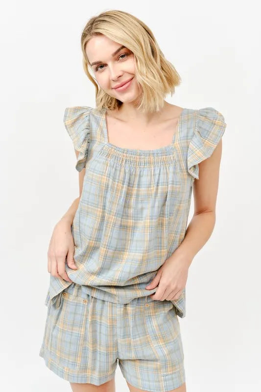 And The Why Blue Plaid Smocked Shorts
