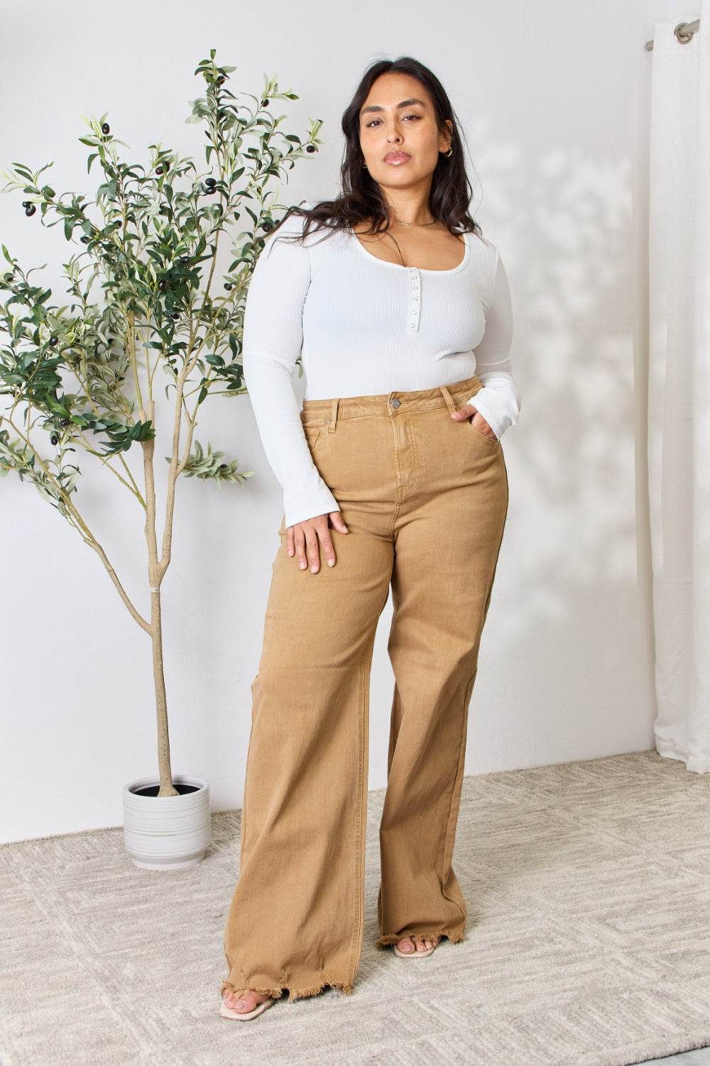 RISEN Full Size Fringe Hem Wide Leg Jeans - DaTrendStore.Com
