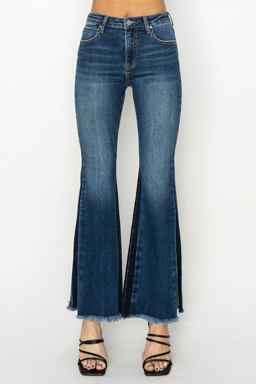 RISEN Full Size High Rise Side Shadow Seam Detail Slit Flare Jeans - DaTrendStore.Com